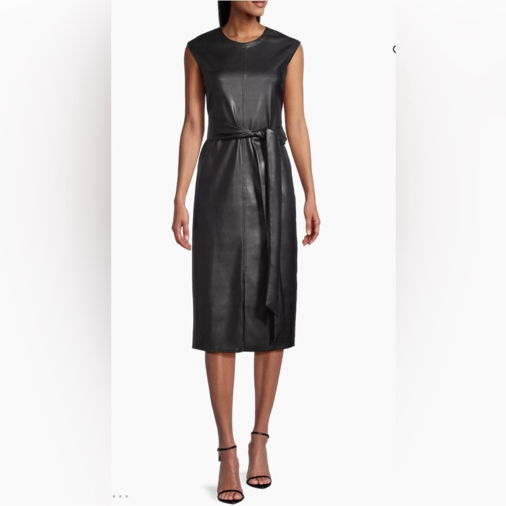 Modern Citizen Black Faux Leather Midi Dress with Tie Waist